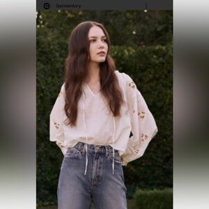 THE GREAT. Posey White Blouse with Yellow Floral Embroiderd sleeves 1 S